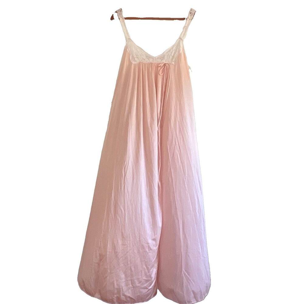 70’s Vintage Peach Long Gown w/ Lace Accents Nylon Silky Glam Coquette